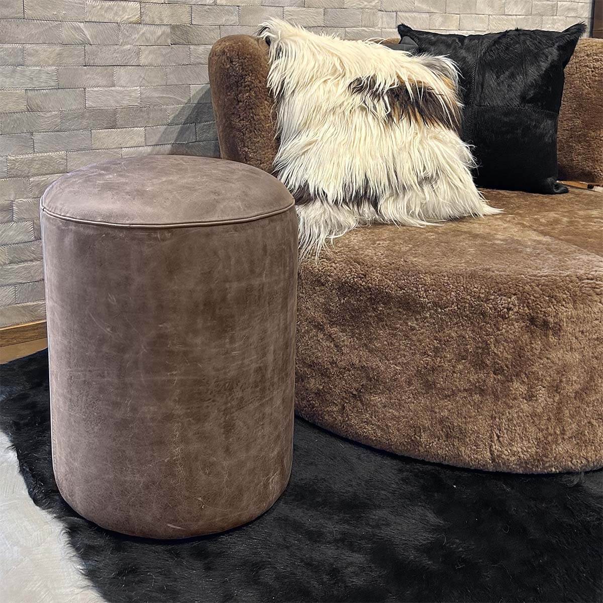 Cylindrical Pouf Upholstered in Crash Cowhide