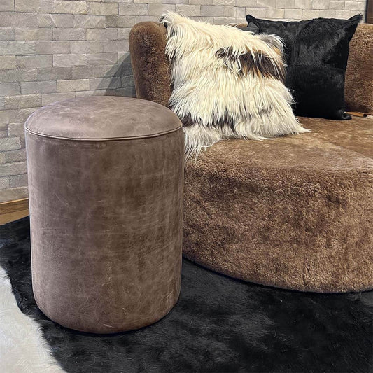 Cylindrical Pouf Upholstered in Crash Cowhide